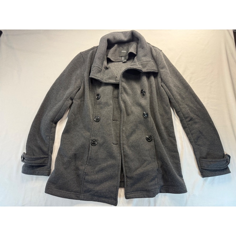 Forever 21 Women Small Gray Pea Coat Double Breasted Fleece Jacket Ribbed Collar